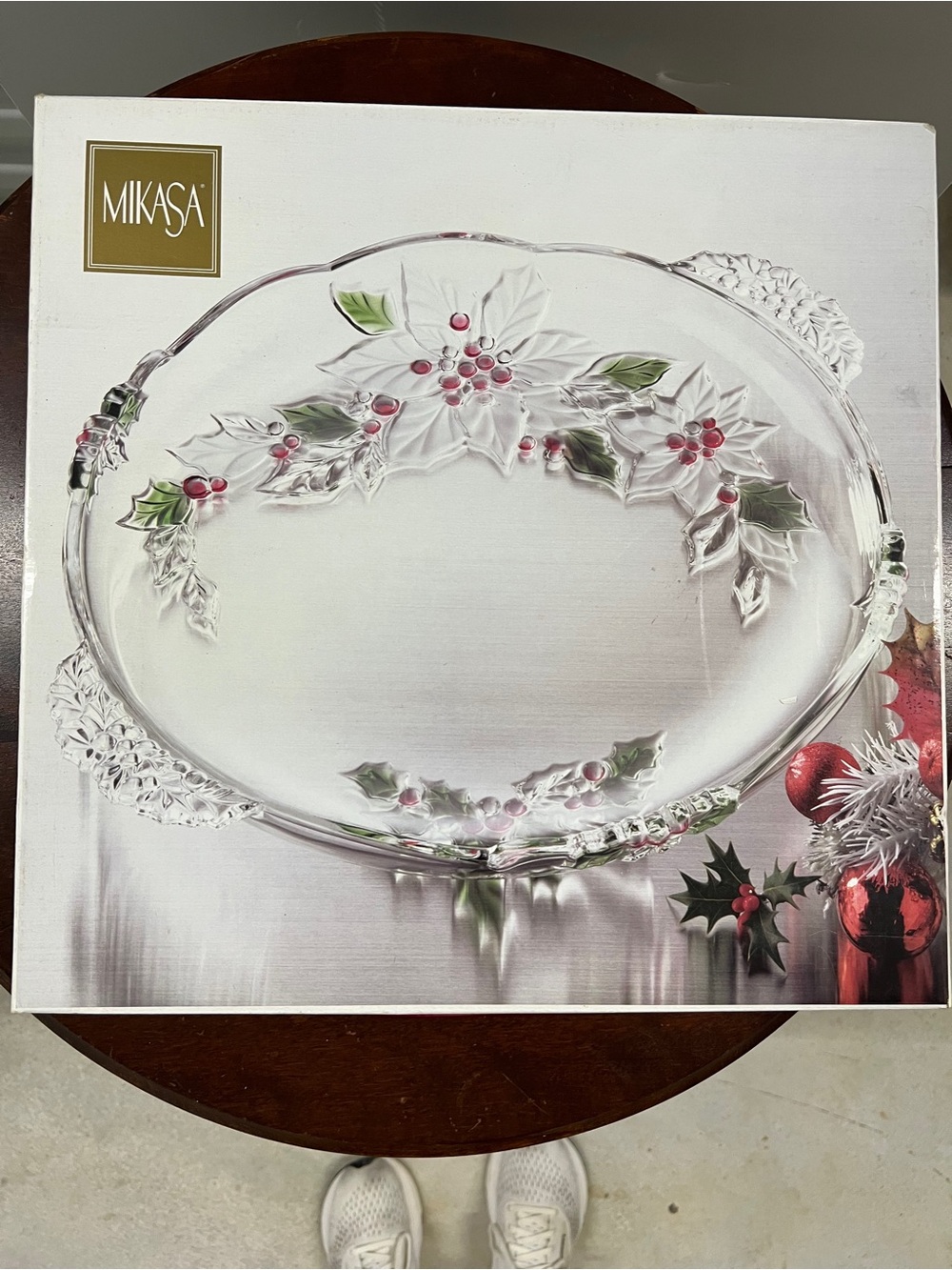 Mikasa Clear Glass Holiday Holly Serving Platter with Red Berries